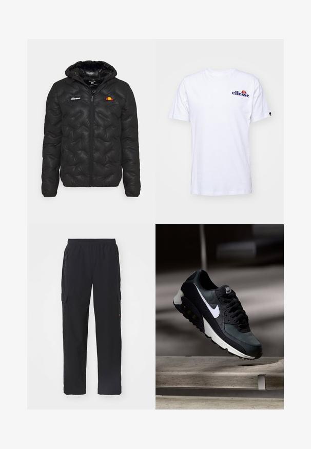 Črna pufasta jakna s kapuco, z quilted vzorcem, zadrgo spredaj in logotipom na levem prsnem delu. Elastični manšeti.; Bela bombažna majica s kratkimi rokavi, ki ima na levi strani prsnega dela vezeno logotip v mornarsko modri barvi, nad logotipom pa živahen barvni poudarek.; Črne cargo hlače iz gladkega blaga z elastičnim pasom. Imajo stranske žepe in cargo žepe na stegnih za shranjevanje.; Črne in zelene športne copate z vzorčasto mrežasto zgornjo obutvijo, belim swoosh logotipom, oblazinjenim ovratnikom in vidno enoto z zračnim blaženjem v podplatu.