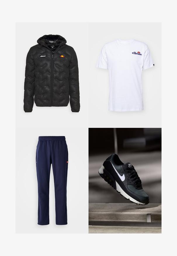 Juodas pūkinis švarkas su gobtuvu, su siuvinėtu dizainu, užtrauktuko priekyje ir logotipu kairėje krūtinės pusėje. Elastingos rankogaliai.; Balta medvilninė marškinėliai su trumpomis rankovėmis, kuriose kairėje krūtinės pusėje yra tamsiai mėlyna siuvinėta emblema ir ryški spalvų akcentas virš emblemos.; Jūriniai sportiniai kelniai su elastingu juosmeniu, šoninėmis kišenėmis ir mažu logotipo elementu kairėje kišenėje. Pagaminti iš minkštos, lygaus audinio.; Juoda ir žalia sportinė avalynė su raštuotu tinklu viršuje, balta Swoosh logotipas, paminkštinta apykaklė ir matoma oro pagalvė pado viduje.