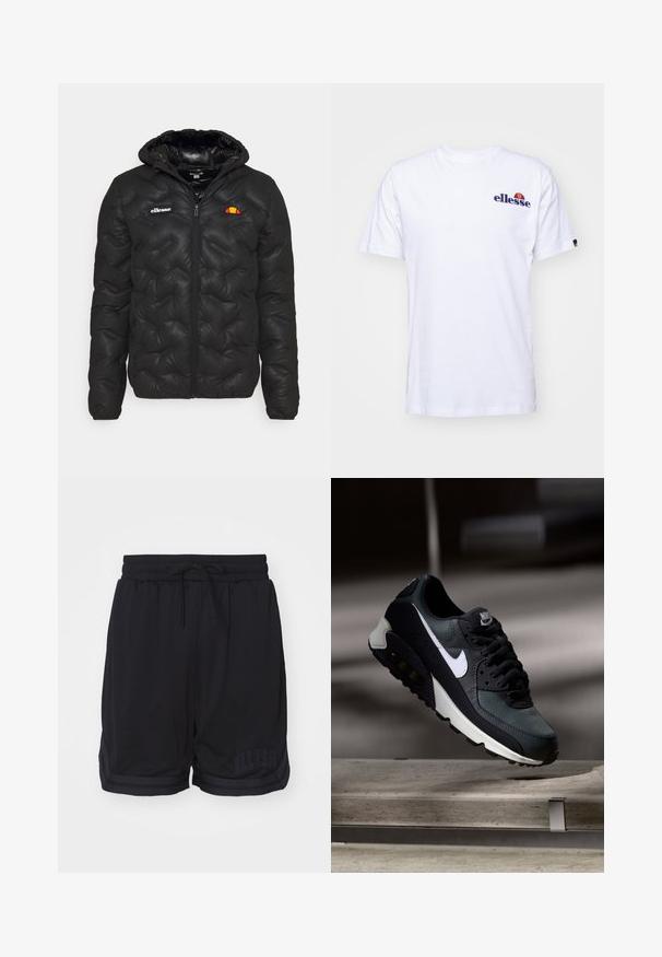 Juodas pūkinis švarkas su gobtuvu, su siuvinėtu dizainu, užtrauktuko priekyje ir logotipu kairėje krūtinės pusėje. Elastingos rankogaliai.; Balta medvilninė marškinėliai su trumpomis rankovėmis, kuriose kairėje krūtinės pusėje yra tamsiai mėlyna siuvinėta emblema ir ryški spalvų akcentas virš emblemos.; Juodi sportiniai šortai, pagaminti iš tinklinės medžiagos, su elastinga juosmens juosta ir raišteliu, šoninėmis juostelėmis ir logotipu ant krašto.; Juoda ir žalia sportinė avalynė su raštuotu tinklu viršuje, balta Swoosh logotipas, paminkštinta apykaklė ir matoma oro pagalvė pado viduje.