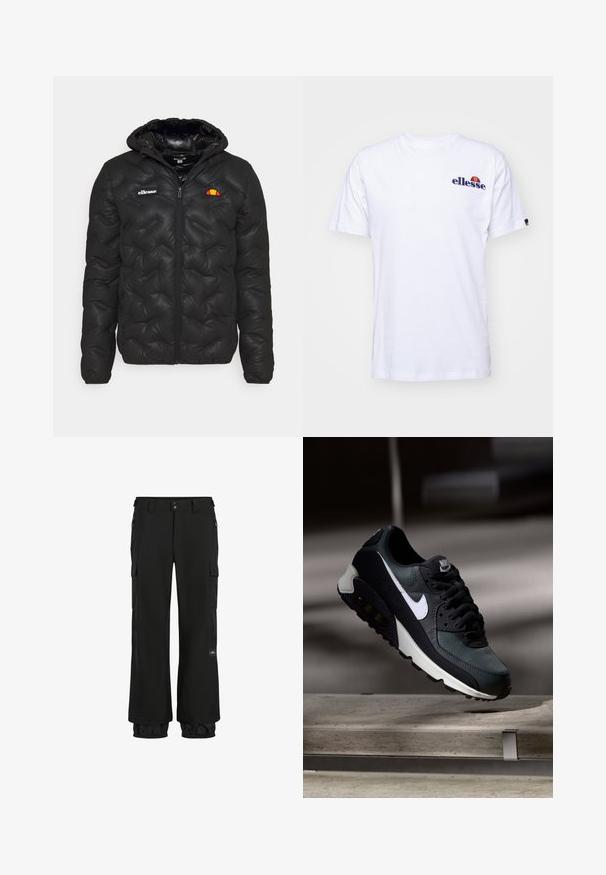 Casaco tipo puffer preto com capuz, apresentando um design acolchoado, fecho éclair frontal e um logótipo no peito esquerdo. Punhos elásticos.; Camiseta de algodão branca com mangas curtas, apresentando um logótipo bordado azul-marinho no lado esquerdo do peito e um toque de cor vibrante acima do logótipo.; Calças cargo pretas com um ajuste largo, feitas de tecido durável. As características incluem bolsos com fecho zip, punhos elásticos e um patch de logotipo.; Sapatilhas pretas e verdes com um upper de malha padrão, logotipo swoosh branco, colarinho almofadado e uma unidade de amortecimento de ar visível na sola.