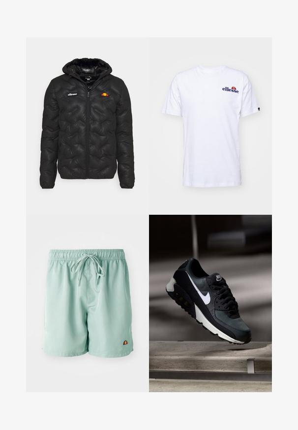 Crna jakna od puf materijala s kapuljačom, s debele šavovima, zatvaranjem na zip i logotipom na lijevoj strani prsnog koša. Elastični završeci rukava.; Bijela pamučna majica kratkih rukava, s mornarsko plavim izvezenim logom na lijevoj strani prsa i vibrantnim akcentom iznadloga.; Svijetlozelene kupaće gaće s elastičnim pojasom i vezicom, s malim izvezenim logotipom u donjem desnom kutu. Glatka tekstura.; Crne i zelene tenisice s uzorkovanom mrežicom na gornjem dijelu, bijelim swoosh logom, podstavljenim ovratnikom i vidljivom zračnom jastučićem u potplatu.
