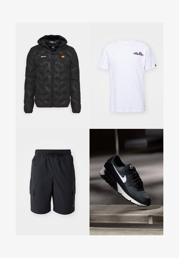 Black puffer jacket with a hood, featuring a quilted design, zip front, and a logo on the left chest. Elastic cuffs.; White cotton t-shirt with short sleeves, featuring a navy blue embroidered logo on the left chest and a vibrant color accent above the logo.; Black cargo shorts with an elastic waistband and drawstring, featuring side pockets with zippers and a patch pocket on the thigh.; Black and green sneaker with a patterned mesh upper, white swoosh logo, padded collar, and a visible air cushioning unit in the sole.