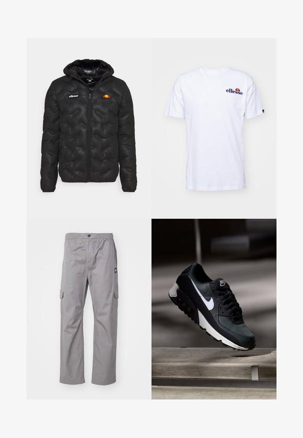 Svart pufferjakke med hette, med kviltet design, glidelås foran, og et logo på venstre bryst. Elastiske mansjetter.; Hvit bomulls T-skjorte med korte ermer, med en marineblå brodert logo på venstre bryst og en livlig farge aksent over logoen.; Grå cargo-bukser med elastisk liv, knappelukking, to sidelommer og en liten logotagg på venstre side. Myk stoff og rett passform.; Svart og grønn sneakers med et mønstret mesh-overdel, hvit swoosh-logo, polstret krage og en synlig luftdemping i sålen.