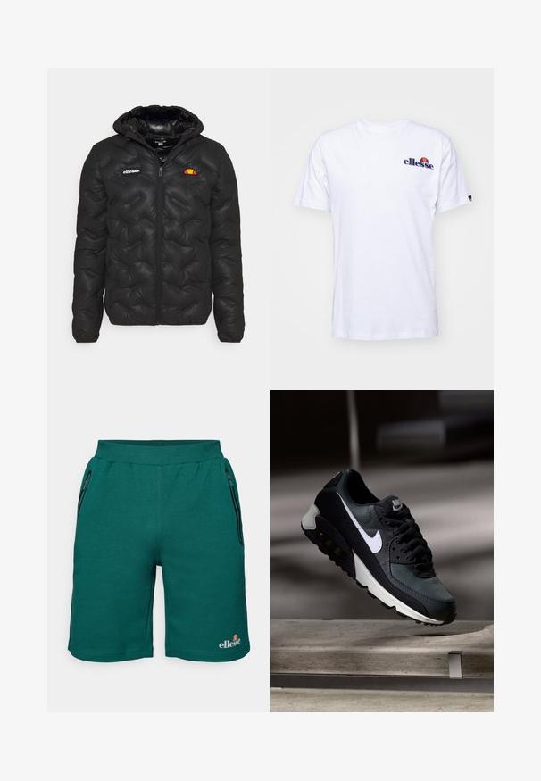 Mustmust must jacket kapuutsiga, millel on kviltitud disain, lukuga eesosa ja logo vasakul rinnal. Elastsed mansetid.; Valge puuvillane t-särk lühikeste varrukatega, millel on vasakus rinnas tumesinine broderi logo ning logo kohal erksavärviline aktsent.; Rohelised spordilühikesed püksid, mis on valmistatud pehmest kangast, pa elastse vöökoha, küljetaskud lukuga ja logo vasakul alumisel küljel.; Must must ja rohelised tossud, millel on mustriline võrgu pealmine osa, valge Swoosh-logo, pehmendatud krae ja nähtav õhutusüksus tallas.