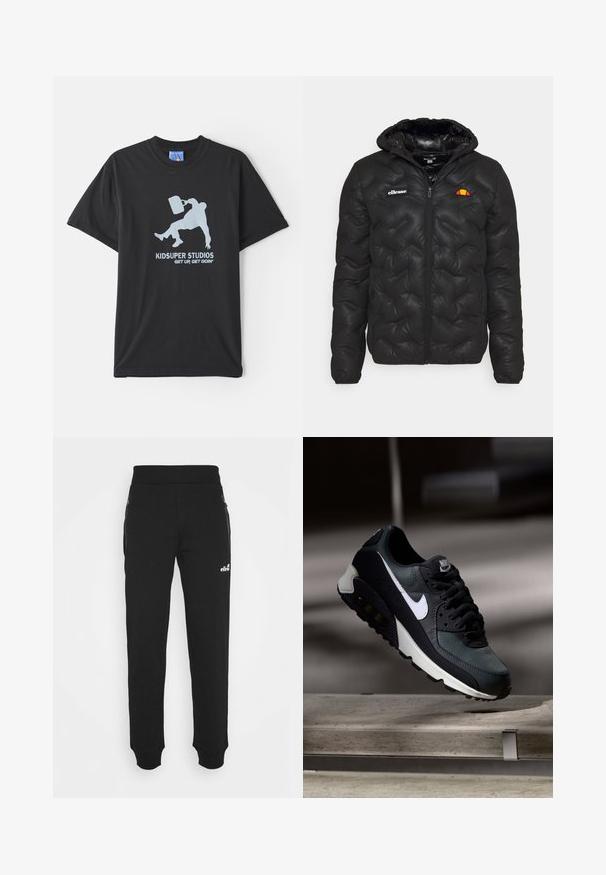 Čierna prešívaná bunda s kapucňou, so zapínaním na zips vpredu a logom na ľavej hrudi. Elastické manžety.; Čierne bavlnené tričko s krátkymi rukávmi, s jemnomodrou grafikou osoby, ktorá drží aktovku, a textom "KIDSUPER STUDIOS GET UP, GET GOIN'."; Čierne tepláky vyrobené z jemnej tkaniny majú zúžený strih na nohách, elastický pás, bočné vrecká na zips a malú logo akcentáciu.; Čierne a zelené tenisky s vzorovaným sieťovaným zvrškom, bielym logom Swoosh, polstrovaným golierom a viditeľnou vzduchovou tlmiacou jednotkou v podrážke.