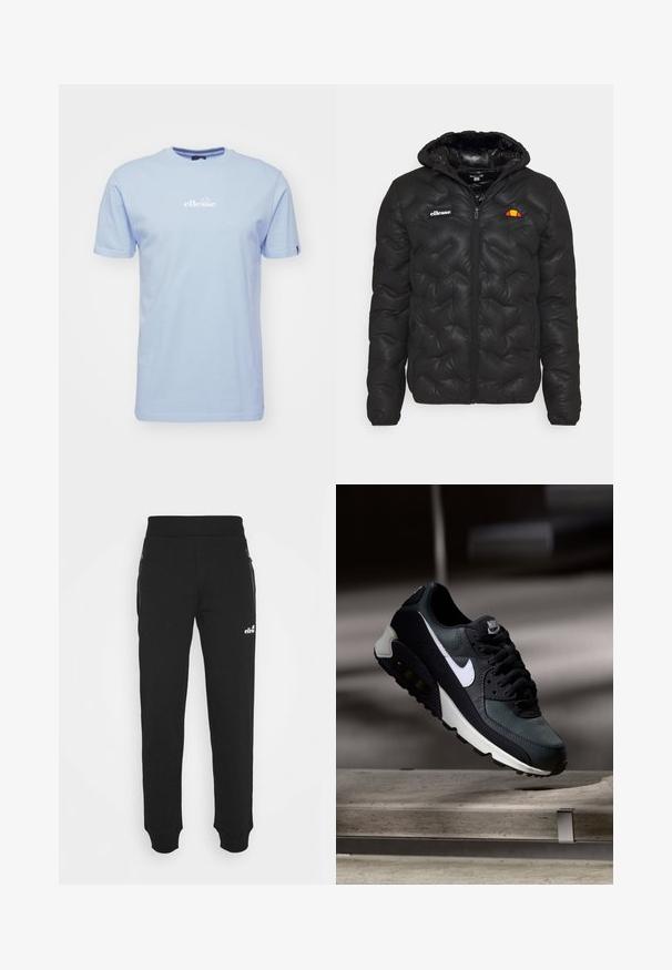 Black puffer jacket with a hood, featuring a quilted design, zip front, and a logo on the left chest. Elastic cuffs.; Light blue cotton t-shirt with short sleeves, featuring a white "ellesse" logo printed on the chest and a crew neck design.; Black sweatpants made of soft fabric feature a tapered leg design, elastic waistband, side pockets with zippers, and a small logo accent.; Black and green sneaker with a patterned mesh upper, white swoosh logo, padded collar, and a visible air cushioning unit in the sole.