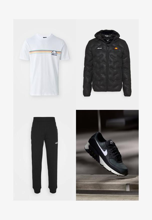 Juodas pūkinis švarkas su gobtuvu, su siuvinėtu dizainu, užtrauktuko priekyje ir logotipu kairėje krūtinės pusėje. Elastingos rankogaliai.; Balta medvilninė marškinėliai trumpomis rankovėmis, su horizontaliais raštų dryžiais raudonos, žalios, geltonos ir mėlynos spalvų, taip pat jūrų mėlynumo logotipas ant krūtinės.; Juodos sportinės kelnės, pagamintos iš minkštos medžiagos, turi siaurėjančius kojų šonus, elastinę juostą, šonines kišenes su užtrauktukais ir mažą logotipo akcentą.; Juoda ir žalia sportinė avalynė su raštuotu tinklu viršuje, balta Swoosh logotipas, paminkštinta apykaklė ir matoma oro pagalvė pado viduje.