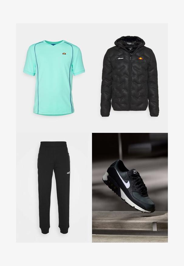 Mustapuffer-takki hupulla, jossa on tikattu muotoilu, vetoketjulla etuosassa ja logo vasemmassa rinnassa. Joustavat hihansuut.; Turkoosi lyhythihainen urheilu paita v-kaula-aukolla. Ominaisuuksiin kuuluu kontrastiväriset siniset ompeleet ja pieni logo rinnassa. Teksturoitu kangas.; Mustat collegehousut, jotka on valmistettu pehmeästä kankaasta, sisältävät kapenevan lahkeensuunnittelun, joustavyölenkin, sivutaskut vetoketjuilla ja pienen logoilmeen.; Mustat ja vihreät lenkkarit, joissa on kuvioitu verkkopinta, valkoinen swoosh-logo, pehmustettu nilkkapitoinen osa ja näkyvä ilmaa vaimentava yksikkö pohjassa.