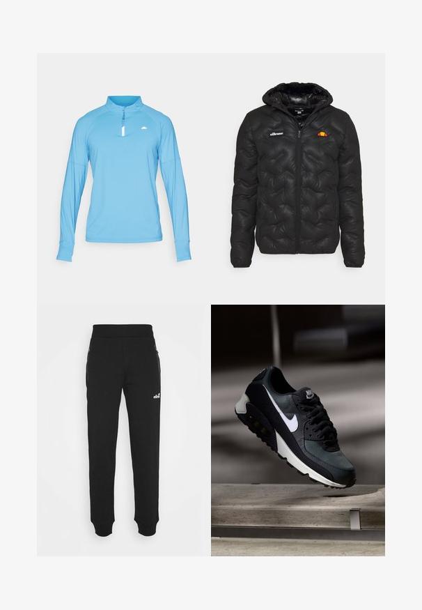 Juodas pūkinis švarkas su gobtuvu, su siuvinėtu dizainu, užtrauktuko priekyje ir logotipu kairėje krūtinės pusėje. Elastingos rankogaliai.; Šviesiai mėlynas ilgesnės rankovės viršus su pusiau užtrauktuku, pagamintas iš sklandžios medžiagos. Yra raglan stiliaus rankovės ir mažas logotipas ant krūtinės.; Juodos sportinės kelnės, pagamintos iš minkštos medžiagos, turi siaurėjančius kojų šonus, elastinę juostą, šonines kišenes su užtrauktukais ir mažą logotipo akcentą.; Juoda ir žalia sportinė avalynė su raštuotu tinklu viršuje, balta Swoosh logotipas, paminkštinta apykaklė ir matoma oro pagalvė pado viduje.