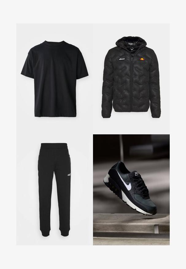 Fekete pufferszövet kabát kapucnival, steppelt dizájnnal, elől cipzárral és bal mellkason logóval. Rugalmas mandzsetták.; Fekete környakú póló pamutból készült. Rövid ujjak, standard szabás, látható minták nélkül, minimalista dizájn, diszkrét logó részlettel.; Fekete, puha anyagból készült sportnadrág, szűkített lábdesignnal, rugalmas derékkal, cipzáros oldalzsebekkel és egy kis logóval.; Fekete és zöld sportcipő mintás hálós felsőrésszel, fehér Swoosh logóval, párnázott nyakkal és látható légpárnás egységgel a talpban.
