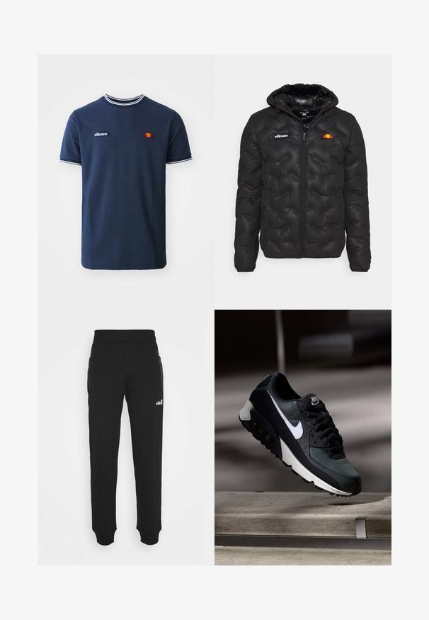 Mustmust must jacket kapuutsiga, millel on kviltitud disain, lukuga eesosa ja logo vasakul rinnal. Elastsed mansetid.; Ellesse BELVIDER TEE - Trükipildiga T-särk - navy; Mustad mustadest kangast valmistatud dressipüksid, millel on kitsenev jalgade disain, elastne vöökoht, küljetaskud tõmblukuga ning väike logo aksessuaar.; Must must ja rohelised tossud, millel on mustriline võrgu pealmine osa, valge Swoosh-logo, pehmendatud krae ja nähtav õhutusüksus tallas.