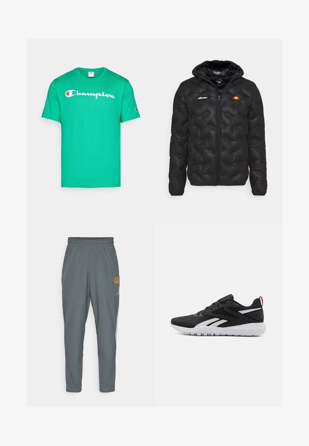 Černá péřová bunda s kapucí, s prošívaným designem, zapínáním na zip vpředu a logem na levé hrudi. Elastické manžety.; Zelené bavlněné tričko s krátkým rukávem, se bílým logem "Champion" na hrudi a malým logem na levém rukávu.; Šedé sportovní kalhoty s elastickým pasem, zúženým střihem, reflexními detaily a malým žlutým logem na levém stehně.; Černé sportovní boty s vybavením z prodyšného materiálu, bílými akcenty, texturovanou podrážkou a červeným poutkem na patě pro dodatečný detail.