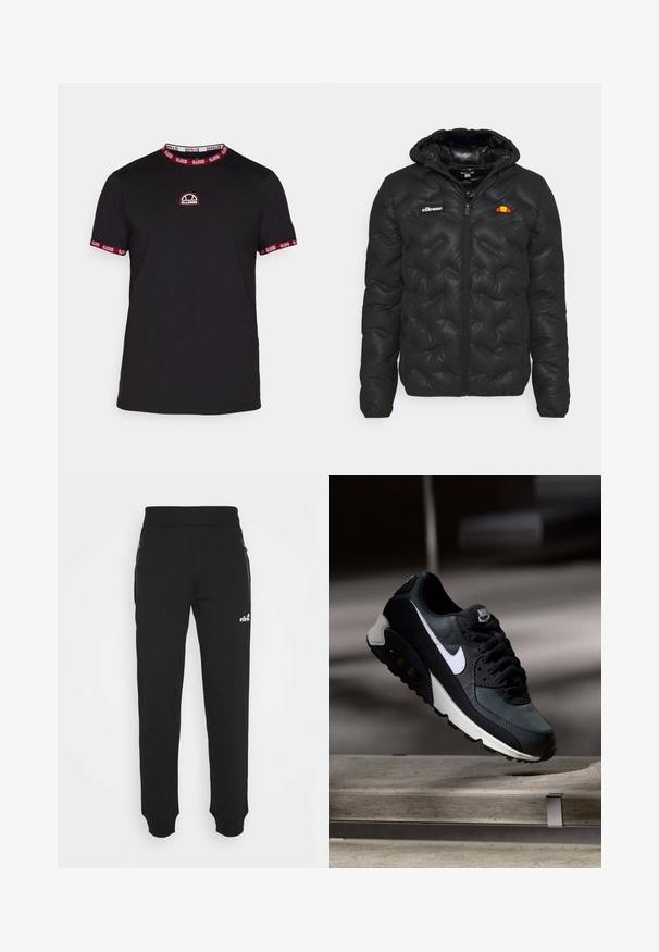 Black puffer jacket with a hood, featuring a quilted design, zip front, and a logo on the left chest. Elastic cuffs.; Black short-sleeve t-shirt with red and white striped collar and cuffs. Features a small embroidered logo at the chest. Soft cotton material.; Black sweatpants made of soft fabric feature a tapered leg design, elastic waistband, side pockets with zippers, and a small logo accent.; Black and green sneaker with a patterned mesh upper, white swoosh logo, padded collar, and a visible air cushioning unit in the sole.