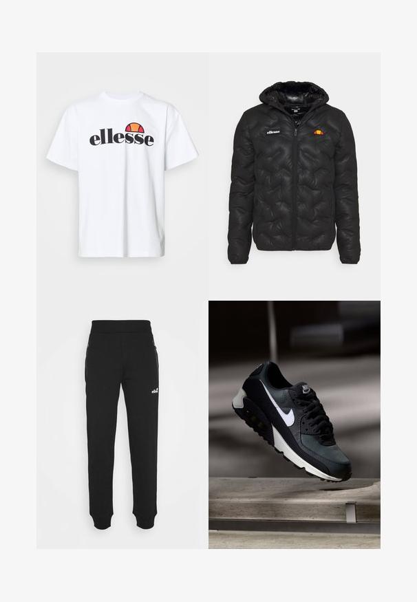 Svart pufferjakke med hette, med kviltet design, glidelås foran, og et logo på venstre bryst. Elastiske mansjetter.; Ellesse COLOSSEO TEE - T-shirts med print - white; Svarte joggebukser laget av mykt stoff har en innskrenket bendesign, elastisk midje, sidelommer med glidelås og en liten logoak accent.; Svart og grønn sneakers med et mønstret mesh-overdel, hvit swoosh-logo, polstret krage og en synlig luftdemping i sålen.