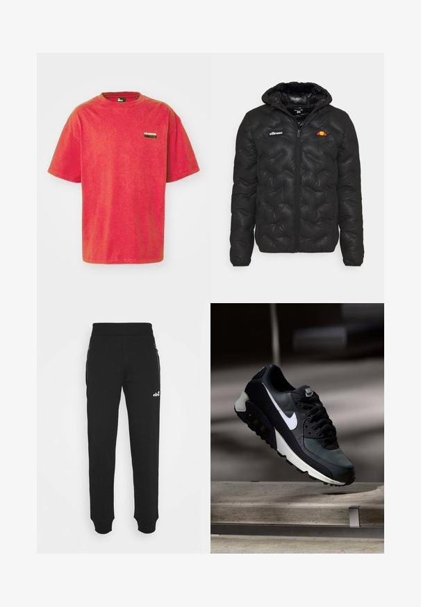 Sort pufferjakke med hætte, med quiltet design, lynlås foran og et logo på venstre bryst. Elastiske manchetter.; Rød bomulds T-shirt med korte ærmer, rund halsudskæring og et lille rektangulært logo-patch i sort og hvid på venstre bryst.; Sorte sweatpants lavet af blødt stof har en tapered ben-design, elastisk talje, sidelommer med lynlås og et lille logo accenter.; Sort og grøn sneaker med et mønstret mesh-overdel, hvid swoosh-logo, polstret krave og en synlig luftdæmpningsenhed i sålen.