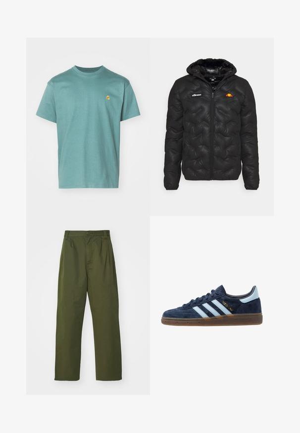 Jachetă puffer neagră cu glugă, având un design matlasat, fermoar frontal și un logo pe pieptul stâng. Mansete elastice.; Tricou din bumbac de culoare teal, cu mâneci scurte și decolteu rotund, având un mic logo galben pe pieptul stâng. Material texturat cu un finisaj neted.; Pantaloni verzi măslinii, cu talie înaltă și croială dreaptă. Realizați dintr-un material ușor, având pliu frontal și închidere cu nasture.; Adidași din suede bleumarin cu dungi albastre deschise, talpă din gumă, tabul de călcâi bleu deschis și branding-uri aurii "Spezial" pe lateral.