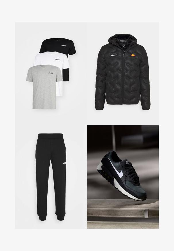 Giacca piumino nera con cappuccio, caratterizzata da un design trapuntato, chiusura con zip frontale e logo sul lato sinistro del petto. Polsini elasticizzati.; Ellesse AZZINI 3 PACK - T-shirt basic - multi; Pantaloni della tuta neri realizzati in un tessuto morbido presentano un design con gamba affusolata, vita elastica, tasche laterali con cerniera e un piccolo logo decorativo.; Sneaker nera e verde con una tomaia in rete a motivo, logo swoosh bianco, collare imbottito e un'unità di ammortizzazione visibile nella suola.