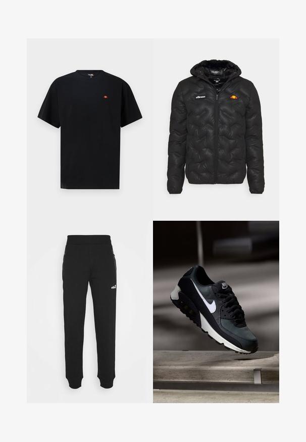 Černá péřová bunda s kapucí, s prošívaným designem, zapínáním na zip vpředu a logem na levé hrudi. Elastické manžety.; Černé tričko s krátkým rukávem vyrobené z bavlny, s kulatým výstřihem a malým barevným logem na levé hrudi.; Černé tepláky vyrobené z měkké tkaniny mají zúžený střih nohavic, elastický pas, boční kapsy na zip a malou logovou akcentaci.; Černá a zelená teniska s vzorovaným síťovaným svrškem, bílým logem Swoosh, polstrovaným límcem a viditelnou vzduchovou odpruženou jednotkou v podrážce.