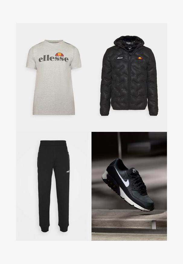 Svart pufferjakke med hette, med kviltet design, glidelås foran, og et logo på venstre bryst. Elastiske mansjetter.; Grå T-skjorte med korte ermer laget av bomull og rund hals. Har en svart logo "ellesse" og en fargeakseent i oransje og rødt over logoen.; Svarte joggebukser laget av mykt stoff har en innskrenket bendesign, elastisk midje, sidelommer med glidelås og en liten logoak accent.; Svart og grønn sneakers med et mønstret mesh-overdel, hvit swoosh-logo, polstret krage og en synlig luftdemping i sålen.
