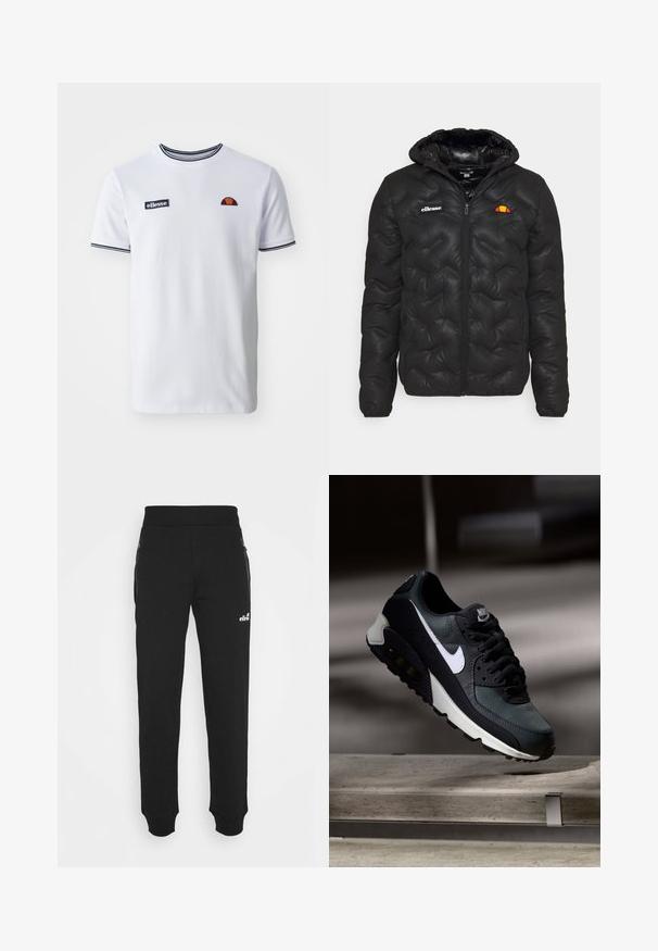 Mustapuffer-takki hupulla, jossa on tikattu muotoilu, vetoketjulla etuosassa ja logo vasemmassa rinnassa. Joustavat hihansuut.; Valkoinen T-paita, jossa on pyöreä kaula-aukko, laivastonsinisiä raitoihin liittyviä yksityiskohtia, brodisoitu logo rinnassa ja lyhyet hihat, joissa on sopiva kauluksen viimeistely.; Mustat collegehousut, jotka on valmistettu pehmeästä kankaasta, sisältävät kapenevan lahkeensuunnittelun, joustavyölenkin, sivutaskut vetoketjuilla ja pienen logoilmeen.; Mustat ja vihreät lenkkarit, joissa on kuvioitu verkkopinta, valkoinen swoosh-logo, pehmustettu nilkkapitoinen osa ja näkyvä ilmaa vaimentava yksikkö pohjassa.