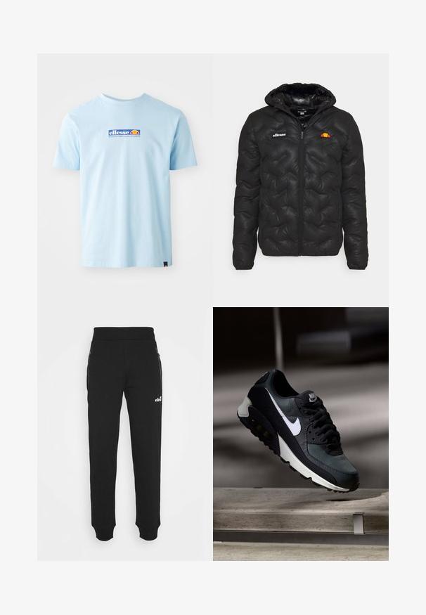 Mustmust must jacket kapuutsiga, millel on kviltitud disain, lukuga eesosa ja logo vasakul rinnal. Elastsed mansetid.; Hele sinine puuvillane T-särk lühikeste varrukatega ja ümar kaelus. Esipoolt kaunistab mitmevärviline logo ja hem medel on väike aksent silt.; Mustad mustadest kangast valmistatud dressipüksid, millel on kitsenev jalgade disain, elastne vöökoht, küljetaskud tõmblukuga ning väike logo aksessuaar.; Must must ja rohelised tossud, millel on mustriline võrgu pealmine osa, valge Swoosh-logo, pehmendatud krae ja nähtav õhutusüksus tallas.