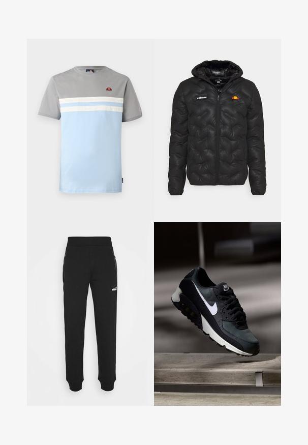 Chaqueta acolchada negra con capucha, con un diseño acolchado, cierre delantero de cremallera y un logo en el pecho izquierdo. Puños elásticos.; Camiseta de manga corta en gris y azul claro, con rayas horizontales blancas y un pequeño logo en el pecho. Material de algodón, diseño casual.; Pantalones de chándal negros hechos de una tela suave que cuentan con un diseño de pierna ajustada, cintura elástica, bolsillos laterales con cremalleras y un pequeño logo de acento.; Zapatilla negra y verde con una parte superior de malla con diseño, logotipo Swoosh blanco, cuello acolchado y una unidad de amortiguación de aire visible en la suela.