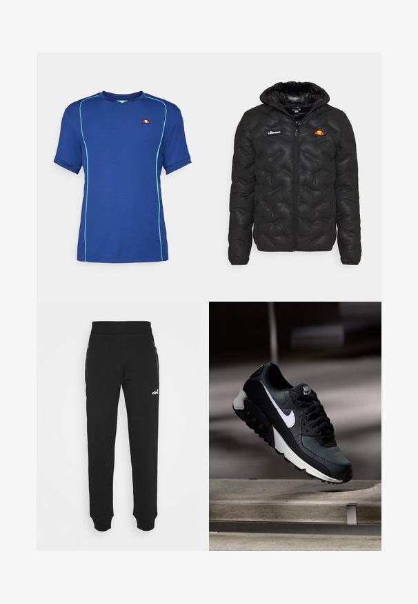 Svart puffjacka med huva, med ett quiltat mönster, dragkedja fram och en logotyp på vänster bröst. Elastiska ärmslut.; Blå kortärmad t-shirt i texturerad tyg, med turkosa detaljer och en liten logotyp. V-ringning med kontrasterande sömdetaljer.; Svarta sweatpants i mjukt tyg har en tapered leg-design, resårmidja, sidofickor med dragkedjor och en liten logotypdetalj.; Svart och grön sneaker med ett mönstrat mesh-övre, vit swoosh-logotyp, vadderad krage och en synlig luftkudde i sulan.