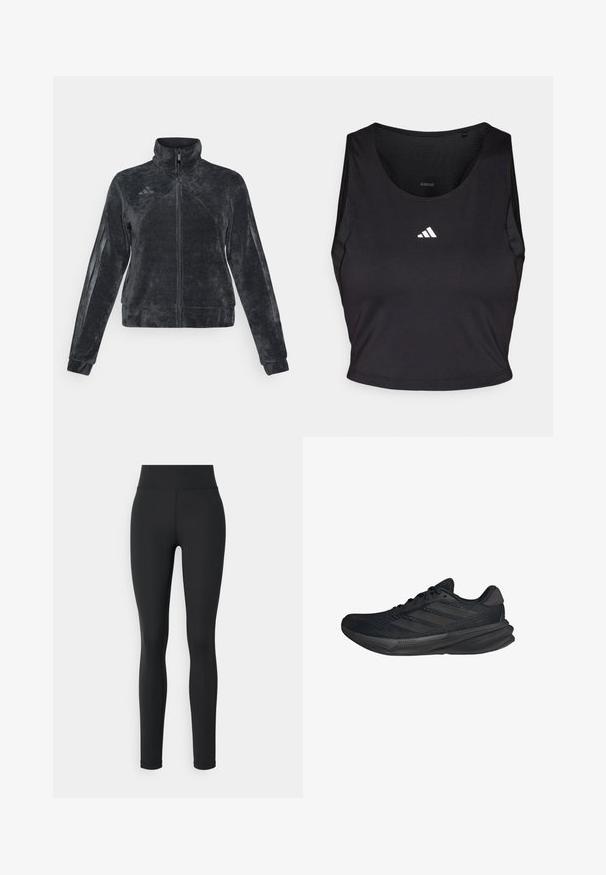 Giacca in pile nera con colletto alto, chiusura con zip e strisce laterali. Presenta un tessuto testurizzato e il logo Adidas in alto a sinistra.; Crop top sportivo nero realizzato in tessuto traspirante, con collo rotondo, senza maniche e logo bianco sul petto.; Leggings neri realizzati in un materiale elastico con un'alta vita, caratterizzati da una texture liscia e senza motivi o dettagli visibili.; Scarpe sportive nere con tomaia in rete, forma aerodinamica, suola piatta e tre strisce diagonali sui lati. Design leggero per il massimo comfort.