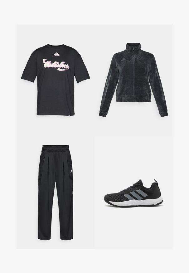 Casaco de fleece preto com gola alta, fecho com zipper e riscas laterais. Apresenta um tecido texturizado e o logótipo da Adidas na parte superior esquerda.; T-shirt preta de algodão com um grande logótipo "Adidas" em rosa e branco e um emblema das três riscas da adidas no peito. Mangas curtas.; Calças atléticas pretas com pregas, cintura elástica e riscas laterais. Feitas de tecido liso, com o logótipo da Adidas em branco.; Shoe atlético preto com riscas cinza claro, malha texturizada na parte superior, atacadores pretos e sola branca. Inclui uma alça na parte de trás.