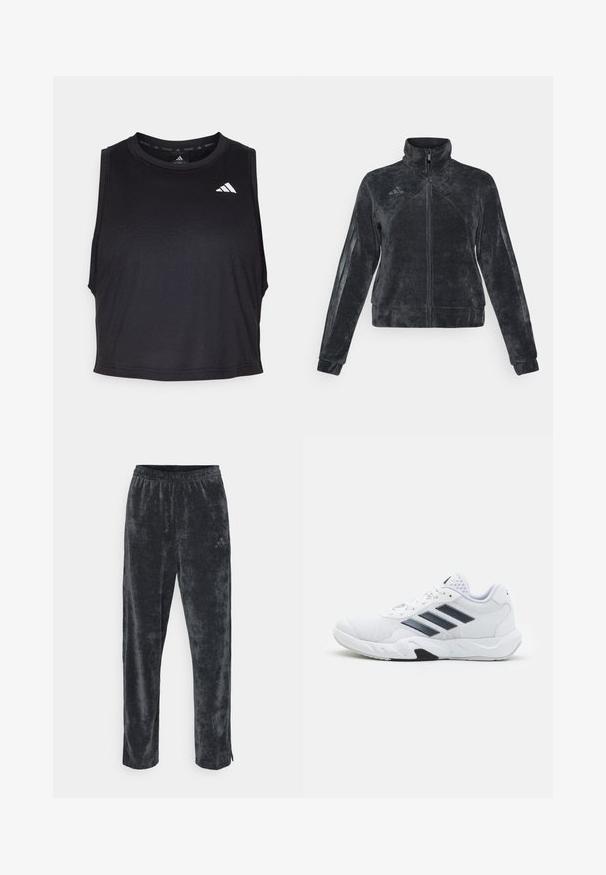 Must musta jakk, millel on kõrge krae, lukuga esikinnitus ja külgmised triibud. Omab tekstureeritud materjali ja Adidas'e logo vasakul peal.; Must tärk- ja ilmaõlaga must treeningkroo, mis on valmistatud siledast kangast, millel on ümmargune kaelus ja väike valge logoaktsent õla lähedal.; Hallid, pehmed veluurpüksid, millel on mugav istuvus, elastne vöökoht ja diskreetne küljetriip. Väike logokiri ülemisel jalal.; Valge spordijalats, millel on võrkpealne, kolm musta triipu küljepeal, tekstuuriga aktsendid ning tugev kummist tallaosa, millel on kontrastne must osa.