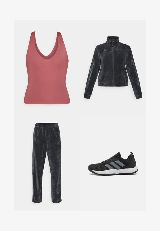 Must musta jakk, millel on kõrge krae, lukuga esikinnitus ja külgmised triibud. Omab tekstureeritud materjali ja Adidas'e logo vasakul peal.; V-kaelusega sansvarrukatega topp tuhm roosast värvist, valmistatud siledast kangast. Keha lähedane disain, lihtne ja õmblusteta serv ning ilma lisakaunistusteta.; Hallid, pehmed veluurpüksid, millel on mugav istuvus, elastne vöökoht ja diskreetne küljetriip. Väike logokiri ülemisel jalal.; Mustad mustus jooksujalats heledate hallide triipudega, tekstuuriga võrkkangas ülaserv, mustad paelad ja valge väliskülg. Omab kandmisel tõmbenööri.