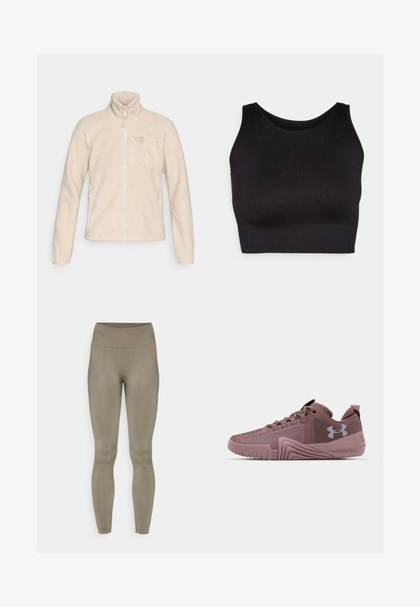 Beige fleece jakke med høy krage, full glidelås foran og brystlomme. Har side lommer og en teksturert, myk overflate.; Svart ribbet crop-top med høy hals og brede ermehull, i mykt og stretchy stoff for komfort og med sømløst design.; Tights i en dempet oliven grønn. Høy midje, jevn tekstur, kroppsformet design og sømløs konstruksjon.; Mørk rosa treningssko med teksturert mesh-overdel, gummisåle og uttalt grep mønster; har logo på siden og polstret krage.