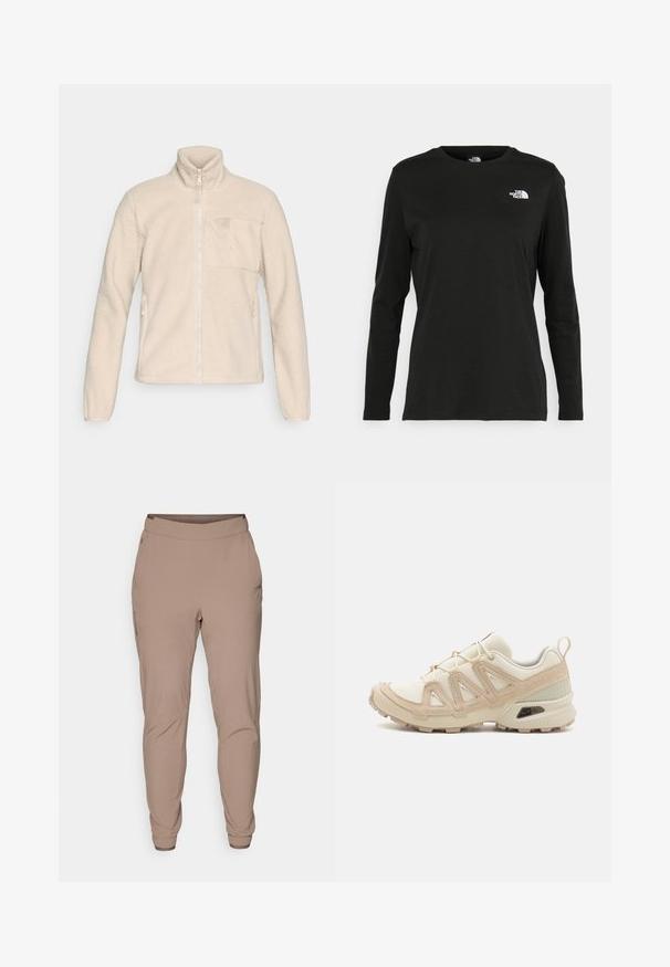 Μπεζ φλις μπουφάν με ψηλό γιακά, πλήρη μπροστινό φερμουάρ και τσέπη στο στήθος. Διαθέτει πλευρικές τσέπες και υφή μαλακή στην επιφάνεια.; Μαύρο μακρυμάνικο μπλουζάκι από βαμβάκι με στρογγυλή λαιμόκοψη. Διαθέτει ένα μικρό λευκό λογότυπο στην αριστερή πλευρά του στήθους. Απλός σχεδιασμός και εφαρμογή.; Μπεζ, ελαφριά παντελόνια τζόγκινγκ με ελαστική μέση, στενές κοπές, πλαϊνές τσέπες και απαλή υφή. Είναι ορατές λεπτομέρειες με ενισχυμένες ραφές.; Μπεζ και κρεμ αθλητικό παπούτσι με υφασμάτινη άνω επιφάνεια με υφή, υποστηρικτικά overlay και καουτσούκ σόλα με σχέδιο πέλματος για πρόσφυση.