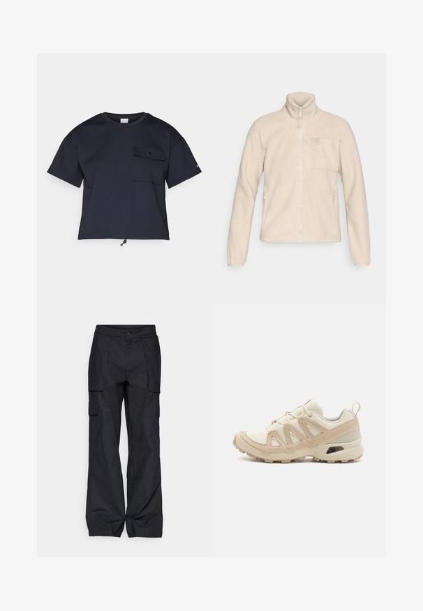 Beige fleece jacket with a high collar, full front zipper, and a chest pocket. Features side pockets and a textured, soft surface.; Black short-sleeve T-shirt with a chest pocket, drawstring hem, and a lightweight fabric texture. Features a round neckline.; Columbia BREA FALLS™ COTTON RIPSTOP PANT - Outdoor trousers - black; Beige and cream athletic shoe with textured mesh upper, supportive overlays, and rubber outsole featuring a tread pattern for traction.