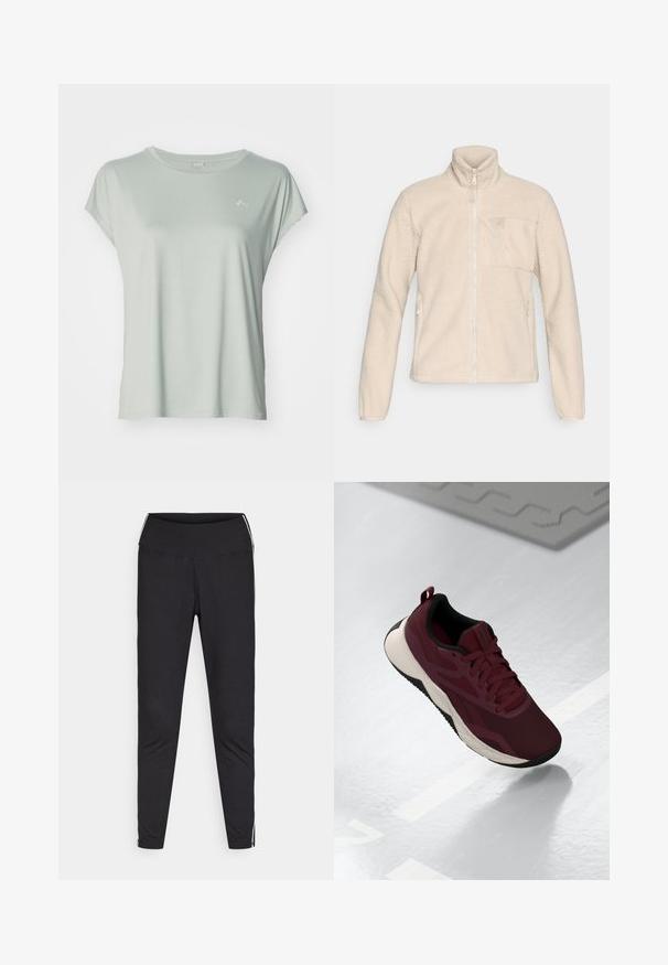 Beež villane jakk kõrge kraega, täispikk tõmblukk ja rinnatasku. Omab küljetaskuid ja tekstureeritud, pehmet pinda.; ONLY Play ONPAUBREE LIFE ON BAT LOOSE - Spordi T-särk - aqua gray; Mustad must leggings venivast kangast. Kõrge vöökoht, kitsenev lõige, valged külgtriibud välimistel õmblustel. Sile pind.; Bordoo spordijalanõud, millel on võrgust pealispind, mustad aktsendid ja pehme valge tald. Omab soonkinnitust ja kandmist hõlbustavat konksu kontsapooles.