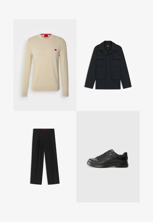 Laivaston sininen utiliittijakku, joka on valmistettu kevyestä kankaasta. Siinä on klassinen kaulus ja neljä etutaskua. Suora leikkaus ja pitkät hihat.; HUGO SAN CASSIUS - Neule - open beige; Musta leveälahkeinen housu, jossa on litteä etuosa, kaksi sivupistettä, laskostettu muotoilu ja kontrastivärinen punainen vyötärön sisäosa.; Musta nahkakengät, joissa on teksturoidun pinnan, pehmustettu kaulus ja punainen logo. Kengissä on paksu kumipohja, jossa on selkeä uramalli.