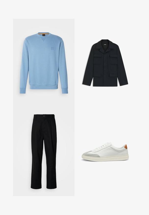 Marineblauwe utilityjack gemaakt van lichtgewicht stof, met een klassieke kraag en vier voorzakken. Rechte snit met lange mouwen.; Lichtblauwe trui met een ronde hals, ribgebreide manchetten en zoom, met een klein, reliëf logo op de linker borst. Zachte textuur.; Zwarte rechte broek met een knoopsluiting, lusjes voor een riem en een voornaad, gepresenteerd tegen een effen witte achtergrond.; Witte leren sneakers met grijze suede accenten en een tan leren hieltab. Kenmerkt zich door een textuurovervlak en een lichtgewicht zool.