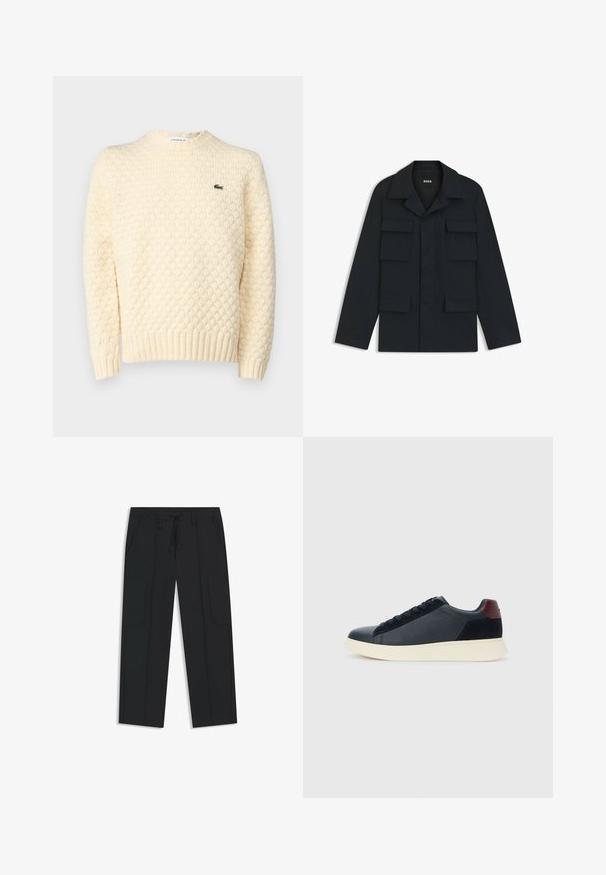 Navyblaue Utility-Jacke aus leichtem Stoff, mit klassischem Kragen und vier vorderen Taschen. Gerader Schnitt mit langen Ärmeln.; Cremfarbener Strickpullover mit strukturiertem Rautenmuster, gerippten Bündchen und Saum; beinhaltet ein kleines grünes Lacoste-Logo auf der Brust.; Schwarze Cargo-Hosen aus Nylon. Verfügt über einen elastischen Bund mit Kordelzug, seitliche Taschen und ein flaches Frontdesign.; Schwarze Leder- und Wildledersneaker für Herren mit einem ziegelroten Fersenpatch und weißer Gummisohle, von der Außenseite betrachtet.