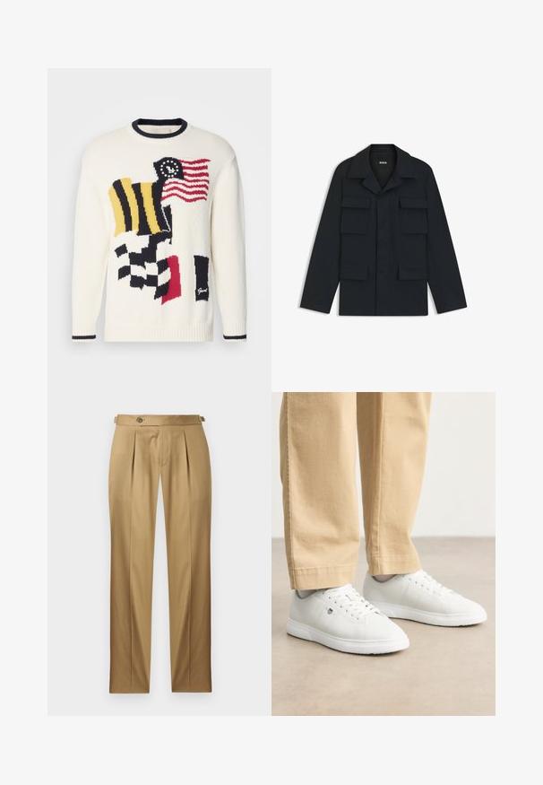 Marinblå arbetsjacka i lätt material, med klassisk krage och fyra framfickor. Rakt snitt med långa ärmar.; Stickad tröja i grädde med flerfärgade flaggmönster, inklusive rött, blått, gult och svart. Har en rund marinblå ribbad krage och muddar.; Beige byxor med rak passform, med veck, knappstängning och bälteshällor. Slätt tyg med en ren, skräddarsydd look.; Vita lädersneakers med en slät yta, rund tå, snörningsdesign och diskret logotypdetalj på sidan, kombinerat med beige byxor.