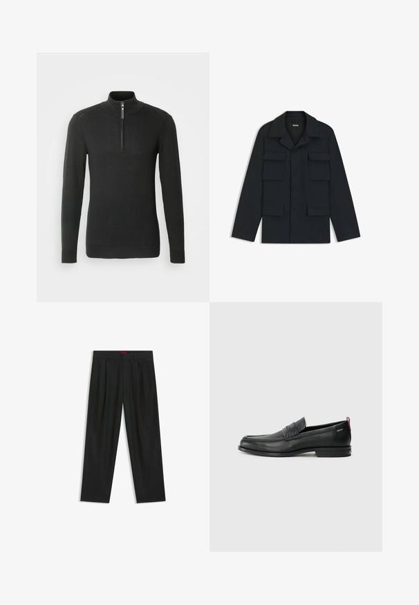 Mørkeblå utility jakke lavet af letvægtsstof, med en klassisk krave og fire forlommer. Lige pasform med lange ærmer.; Sort strikket pullover med kvart lynlås og lange ærmer, ribbet halsudskæring og manchetter. Enkel design med minimal tekstur og ingen mønstre.; Sorte bukser med plisseret design, bred benform og en glat tekstur. Har et rødt taljetag.; Sorte læder loafers med en tekstureret frontpanel og glatte sider. Har en slank hæl og en bageste løkke til nem påtagning. Klassisk design.