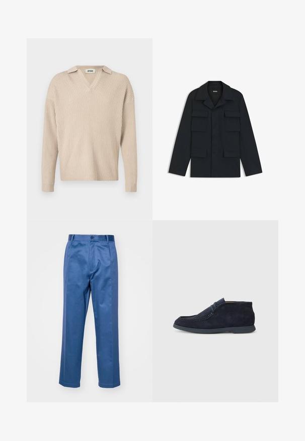 Navyblaue Utility-Jacke aus leichtem Stoff, mit klassischem Kragen und vier vorderen Taschen. Gerader Schnitt mit langen Ärmeln.; Beige gerippter Strickpullover mit V-Ausschnitt und Kragen, mit langen Ärmeln und einer lockeren Passform, hergestellt aus einem weichen, strukturierten Stoff.; Blaue Hose aus einem glatten Stoff, mit geradem Bein, Knopfverschluss und dezenten Nähten.; Marineblaue Wildleder-Chukka-Stiefel mit abgerundetem Zehenbereich und genähten Details. Verfügt über eine glatte Gummisohle und ein minimalistisches Design ohne sichtbares Branding.