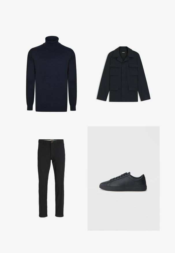Navyblaue Utility-Jacke aus leichtem Stoff, mit klassischem Kragen und vier vorderen Taschen. Gerader Schnitt mit langen Ärmeln.; Dunkelblaues, geripptes Rollkragenshirt mit langen Ärmeln, aus glattem Strickstoff gefertigt, mit taillierter Silhouette und dehnbaren Bündchen.; Schwarze Baumwollmischungshose mit schmalem Schnitt, gekennzeichnet durch einen Knopfverschluss, Taschen und umgeschlagenen Säumen für einen lässigen Abschluss.; Schwarze Sneaker aus glattem Leder mit einem tiefen Design, runder Zehenform und flacher Gummi-Sohle. Mit Schnürsenkeln und dezentem Branding.