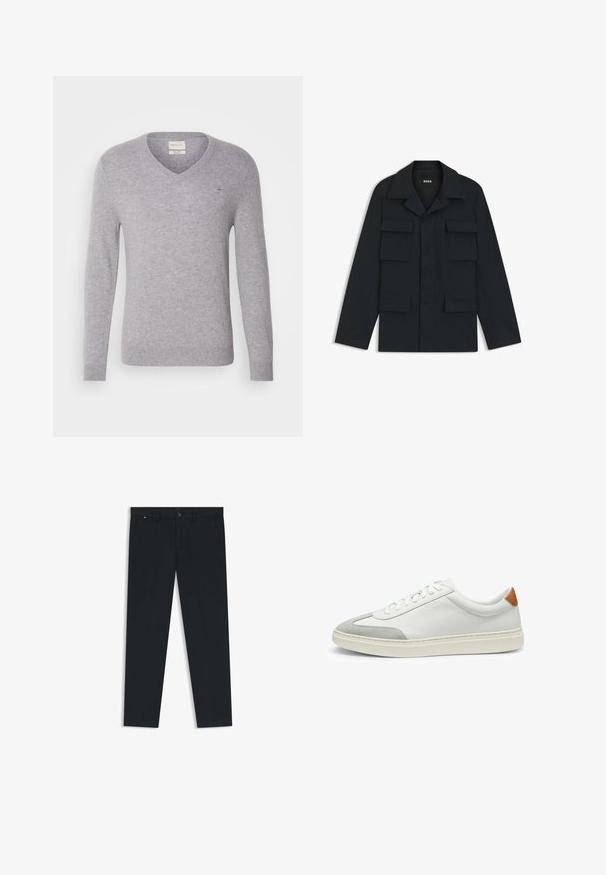 Navy blue utility jacket made of lightweight fabric, featuring a classic collar and four front pockets. Straight cut with long sleeves.; Gray wool V-neck sweater with long sleeves, featuring a small embroidered logo on the chest and ribbed cuffs and hem.; Men's dark navy trousers made of lightweight fabric. Features a button closure, belt loops, and two side pockets. Straight leg design.; White leather sneakers with gray suede accents and a tan leather heel tab. Features a textured surface and lightweight sole.
