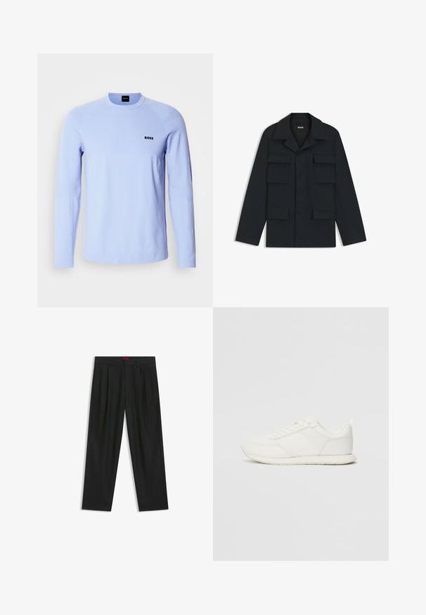 Marinblå arbetsjacka i lätt material, med klassisk krage och fyra framfickor. Rakt snitt med långa ärmar.; Ljusblå långärmad tröja i mjukt tyg med rund hals, ribbade ärmmuddar och en liten svart "BOSS"-logotyp på bröstet.; Svarta byxor med vikta detaljer, bred benform och en slät textur. Har en röd midjebandsetikett.; Vita sneakers med ett överdel i mesh och syntetmaterial, rund tå, platta snörning, och ett texturerat sidostreck. Gummisula med en dragflik bak.