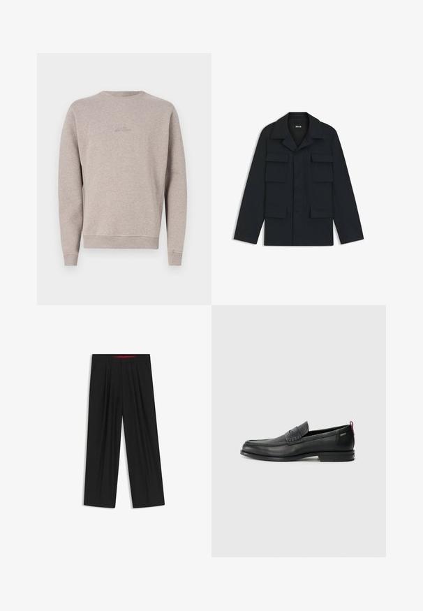 Navyblaue Utility-Jacke aus leichtem Stoff, mit klassischem Kragen und vier vorderen Taschen. Gerader Schnitt mit langen Ärmeln.; Helle graue Sweatshirt aus weichem Stoff, mit Rundhals, langen Ärmeln und gerippten Bündchen und Saum. Dezentes Logo auf der Vorderseite gestickt.; Schwarze weit geschnittene Hosen mit flachem Bund, zwei seitlichen Taschen, gefaltetem Design und einem kontrastierenden roten Innenbund.; Schwarze Lederloafers mit einem strukturierten Vorderteil und glatten Seiten. Sie verfügen über einen schmalen Absatz und eine Schlaufe an der Rückseite für einfaches Anziehen. Klassisches Design.