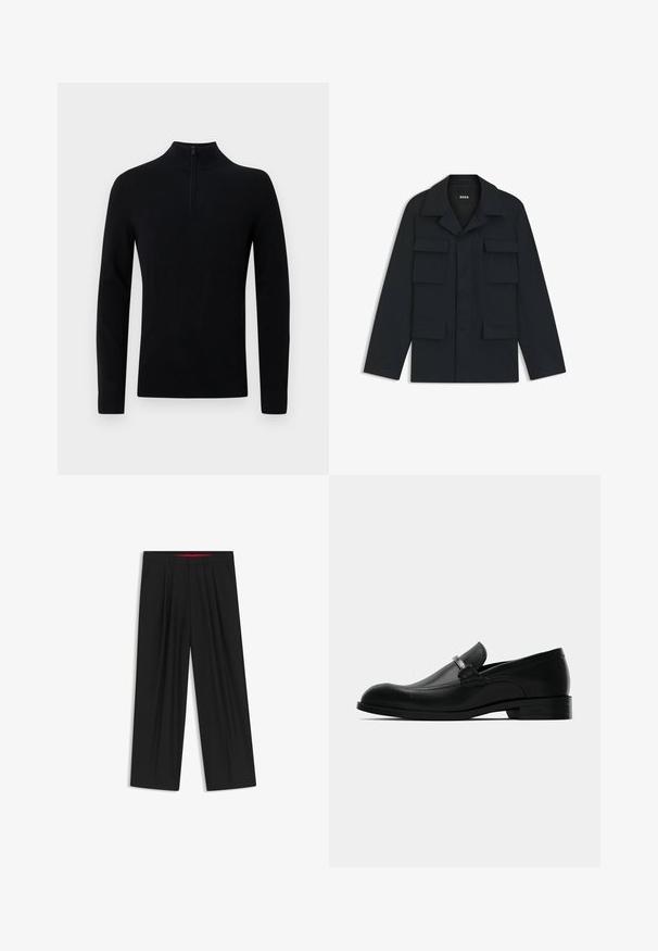 Giacca utility blu navy realizzata in tessuto leggero, con colletto classico e quattro tasche frontali. Taglio dritto con maniche lunghe.; Pullover nero con colletto alto, caratterizzato da una breve zip al collo. Realizzato in morbido tessuto a maglia, privo di decorazioni e senza motivi visibili.; Pantaloni neri a gamba larga con fronte piatto, due tasche laterali, design plissettato e un elastico in vita di colore rosso a contrasto.; Mocassino da uomo in pelle nera con dettaglio in metallo, tacco basso e suola con marchio, mostrato di lato su uno sfondo bianco.