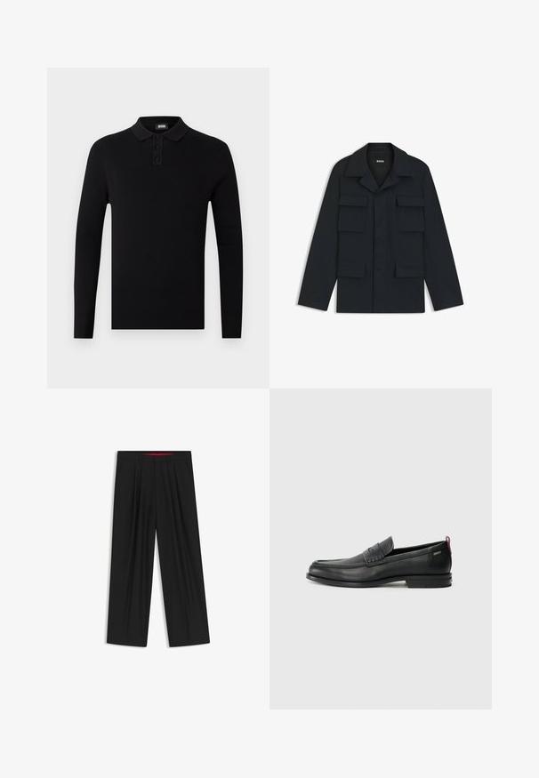 Navyblaue Utility-Jacke aus leichtem Stoff, mit klassischem Kragen und vier vorderen Taschen. Gerader Schnitt mit langen Ärmeln.; Schwarzes Langarm-Polohemd mit gerippter Textur, Drei-Knopf-Leiste und weichem Kragen. Einfaches und vielseitiges Design.; Schwarze weit geschnittene Hosen mit flachem Bund, zwei seitlichen Taschen, gefaltetem Design und einem kontrastierenden roten Innenbund.; Schwarze Lederloafers mit einem strukturierten Vorderteil und glatten Seiten. Sie verfügen über einen schmalen Absatz und eine Schlaufe an der Rückseite für einfaches Anziehen. Klassisches Design.