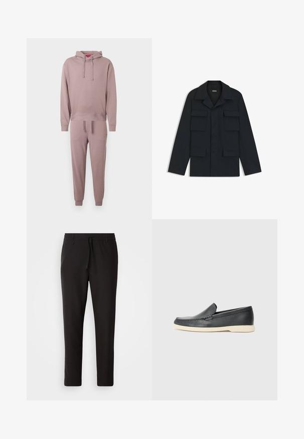 Giacca utility blu navy realizzata in tessuto leggero, con colletto classico e quattro tasche frontali. Taglio dritto con maniche lunghe.; Set felpa con cappuccio e pantaloni jogger in morbido tessuto color malva. Presenta polsini a costine, una vestibilità comoda e una tasca a marsupio frontale sulla felpa.; Pantaloni jogger neri realizzati in tessuto liscio. Presentano una vita elasticizzata con stringa, gambe affusolate e senza tasche visibili. Design semplice.; Mocassini neri in pelle con finitura testurizzata e suola in gomma beige a contrasto. Presentano un accento sottile lungo la parte anteriore.