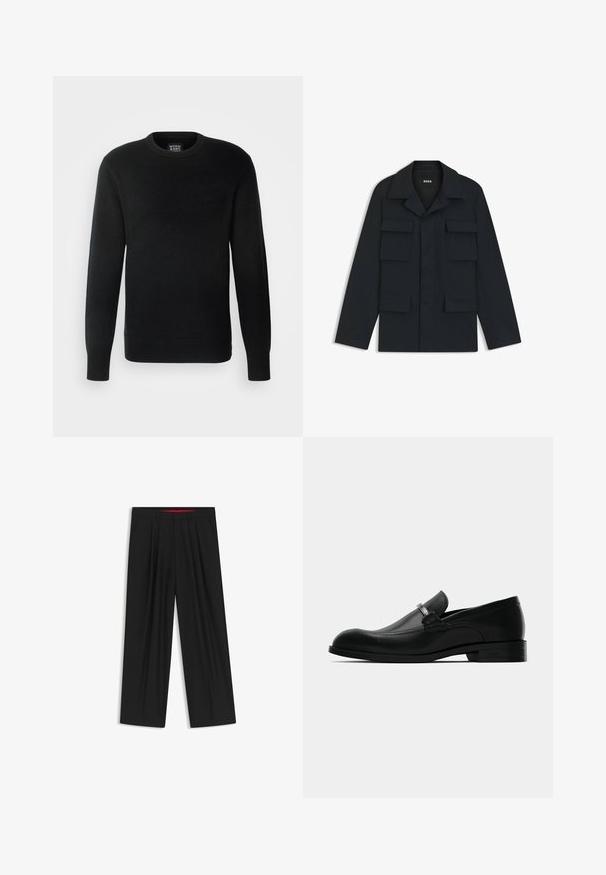 Navyblaue Utility-Jacke aus leichtem Stoff, mit klassischem Kragen und vier vorderen Taschen. Gerader Schnitt mit langen Ärmeln.; Schwarzer Strickpullover mit langen Ärmeln, rundem Halsausschnitt, gerippten Bündchen und Saum, ausgestattet mit einem kleinen Logoetikett unten links.; Schwarze weit geschnittene Hosen mit flachem Bund, zwei seitlichen Taschen, gefaltetem Design und einem kontrastierenden roten Innenbund.; Schwarze lederne Herrenmokassin mit einer Metallschnalle, flachem Absatz und markiertem Sohlen, seitlich auf einem weißen Hintergrund gezeigt.