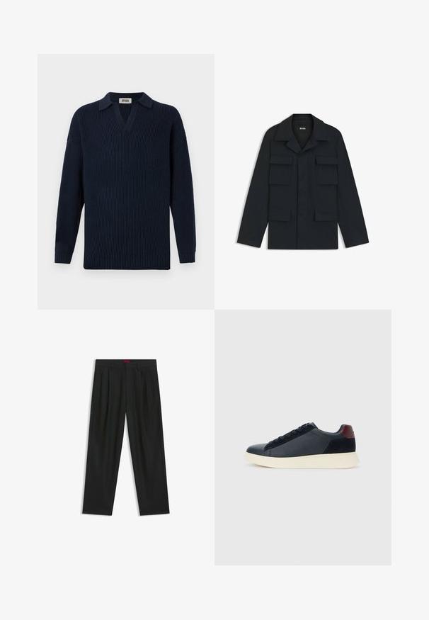 Navyblaue Utility-Jacke aus leichtem Stoff, mit klassischem Kragen und vier vorderen Taschen. Gerader Schnitt mit langen Ärmeln.; Marineblaues geripptes Sweatshirt mit V-Ausschnitt, kurzem Kragen und langen Ärmeln. Hergestellt aus weichem Material mit strukturiertem Finish.; Schwarze Hose mit einem gefältelten Design, weiter Beinform und glatter Textur. Verfügt über ein rotes Taillenlabel.; Schwarze Leder- und Wildledersneaker für Herren mit einem ziegelroten Fersenpatch und weißer Gummisohle, von der Außenseite betrachtet.